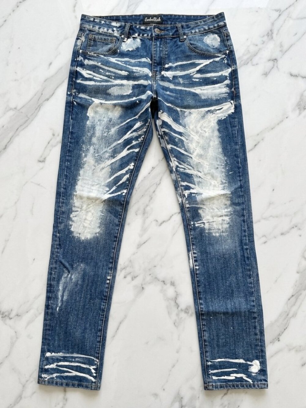 Embellish NYC Mens Jeans Size 34 Blue Paint Splatter Bleach Brush NWOT